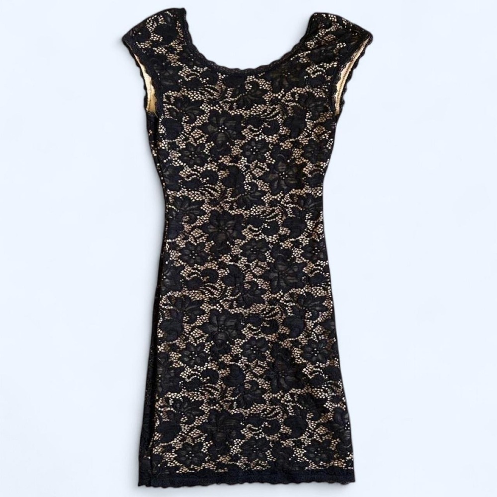 Black lace mini dress with floral pattern and nude under slip, • size: S